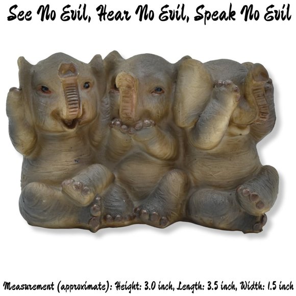 Elephant See No Evil, Hear No Evil, Speak No Evil Resin Figurine 3Hx3.5Lx1.5W - Picture 3 of 7